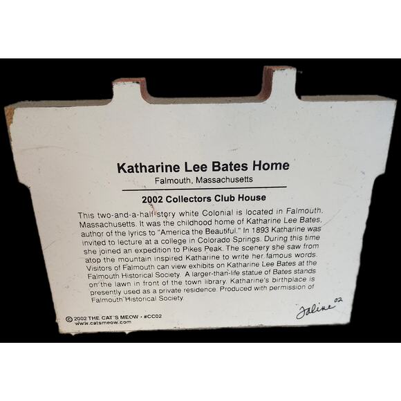 Cat’s Meow Katharine Lee Bates Home 2002 Collectors Club House Falmouth MA - Picture 2 of 2